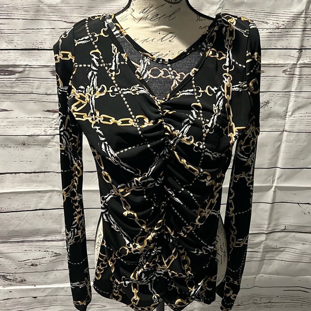 Black long sleeve ruched blouse with scoop neck